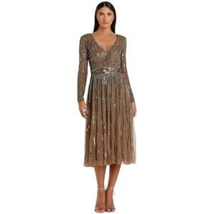 MAC DUGGAL 5528 Long Sleeve Tea Length Midi Dress Sz 2 Dark Taupe NWT $398 ✨